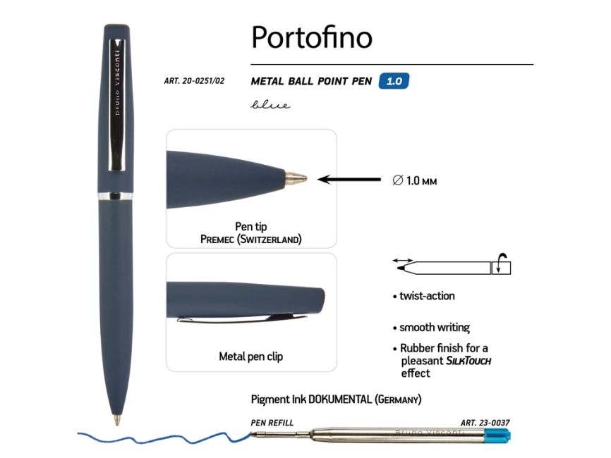 Ручка Portofino шариковая  автоматическая, синий металлический корпус, 1.0 мм, синяя фото 3