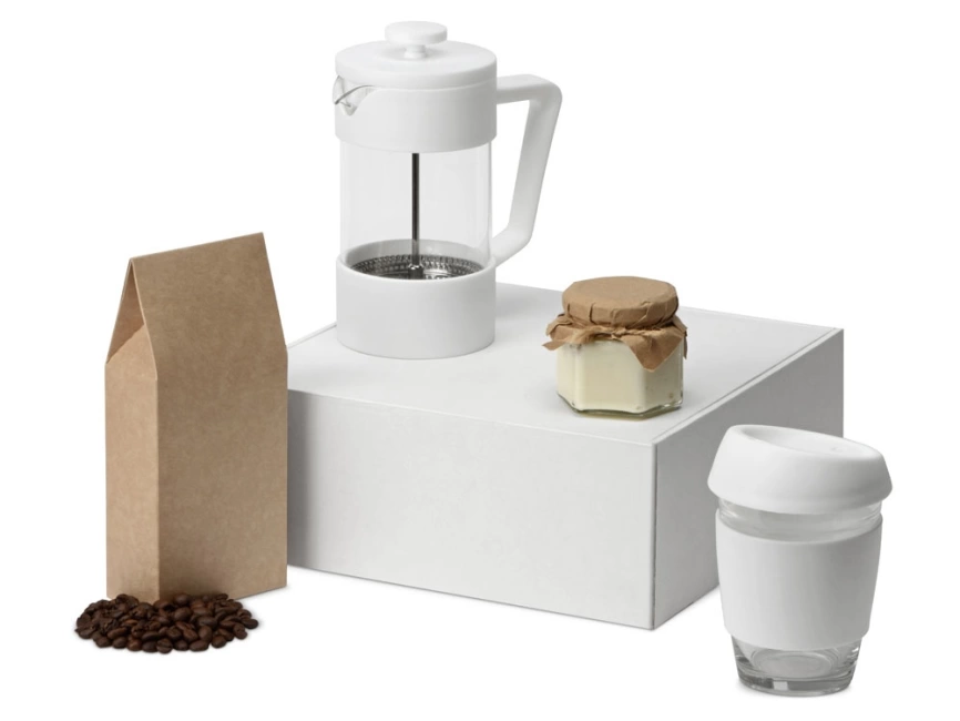 Подарочный набор с кофе, кружкой и френч-прессом Бодрое утро, белый фото 1
