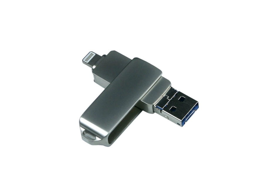 USB-флешка на 32 Гб, интерфейс USB3.0, поворотный механизм,c дополнительными разъемами для I-phone Lightning и Micro USB,  полностью металлический корпус, серебро фото 1
