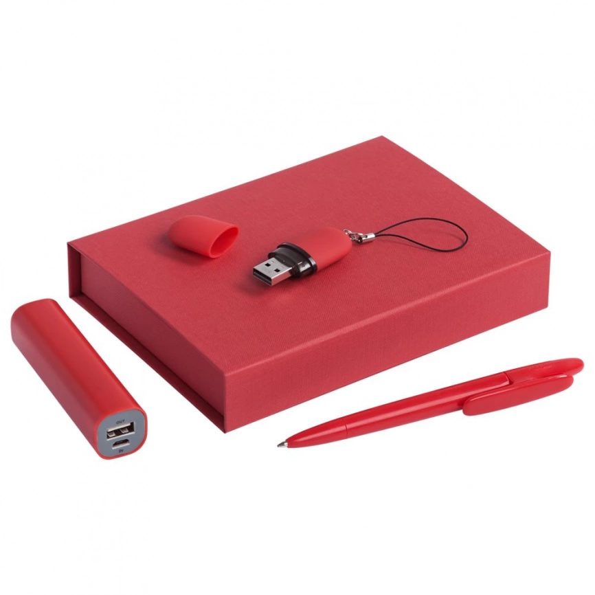 Набор Bond: аккумулятор, флешка и ручка, красный фото 1
