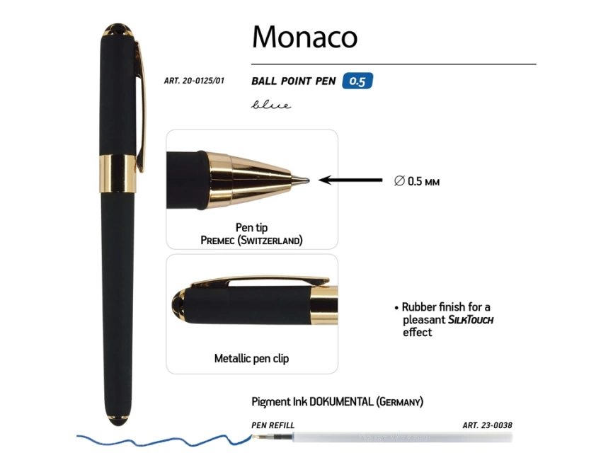 Ручка пластиковая шариковая Monaco, 0,5мм, синие чернила, черный фото 3