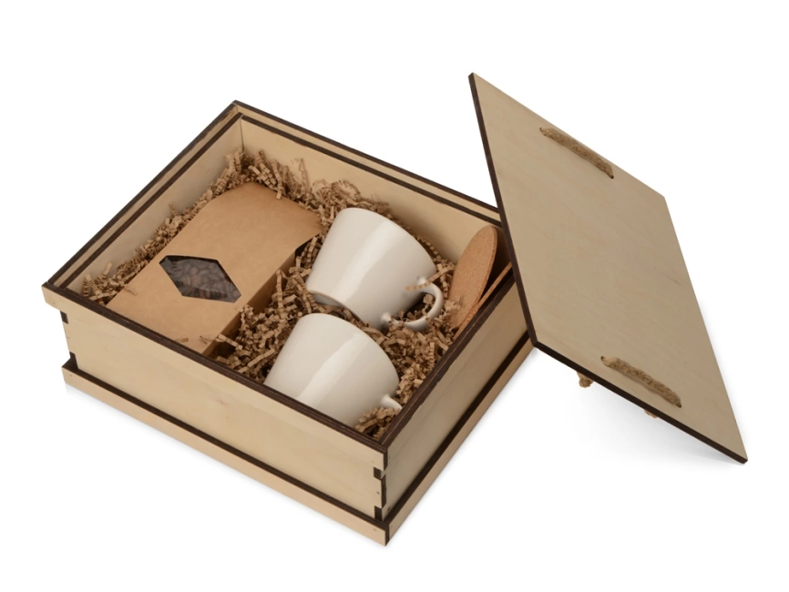 Подарочный набор с кофе, чашками в деревянной коробке Кофебрейк фото 2