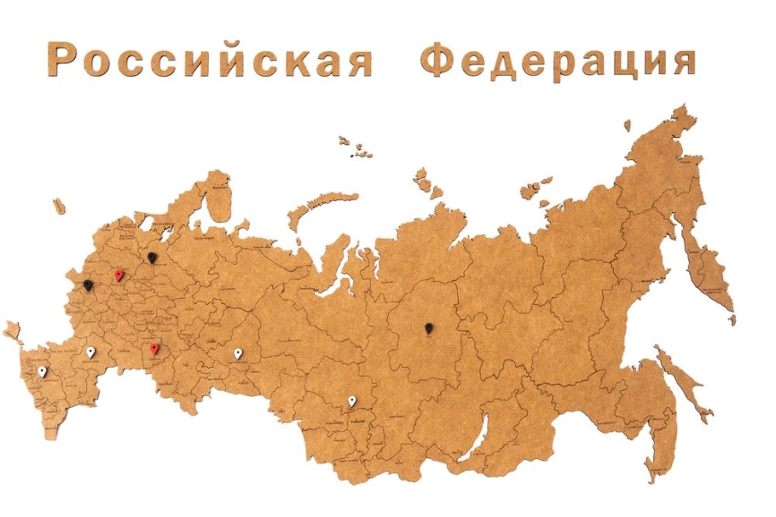Деревянная карта России с названиями городов, коричневая фото 4