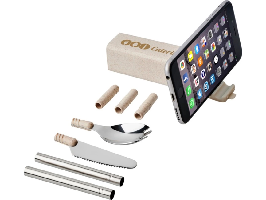 Набор столовых приборов Galen из пшеничной соломы с держателем для мобильного телефона, бежевый фото 5