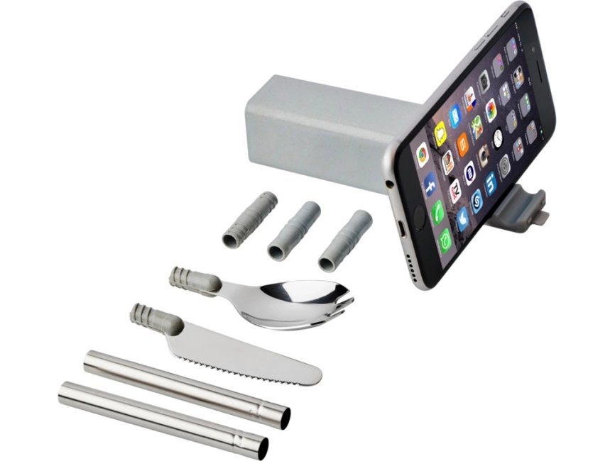 Набор столовых приборов Galen из пшеничной соломы с держателем для мобильного телефона, серый фото 1