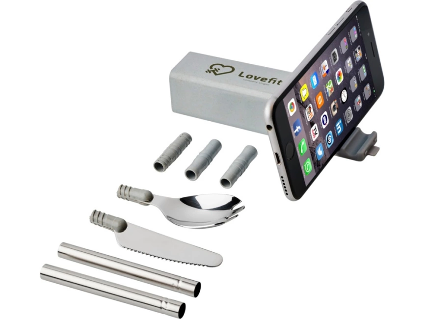 Набор столовых приборов Galen из пшеничной соломы с держателем для мобильного телефона, серый фото 6