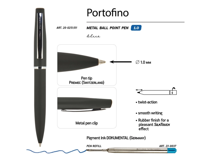 Ручка Portofino шариковая  автоматическая, черный металлический корпус, 1,0 мм, синяя фото 3