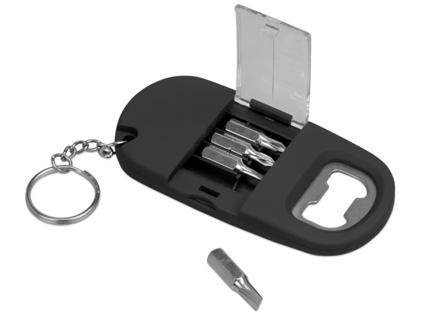 Брелок-открывалка с отвертками и фонариком Uni, софт-тач, черный фото 2
