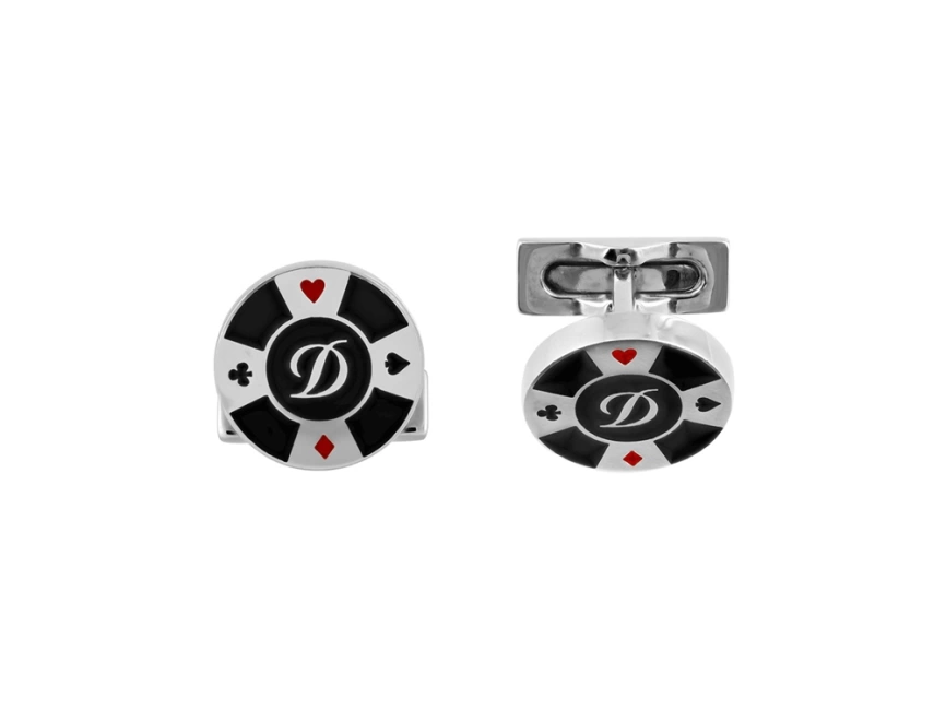 Запонки CASINO, круглые, черный и красный лак, палладиевая отделка, узор: карточные масти, логотип D фото 1