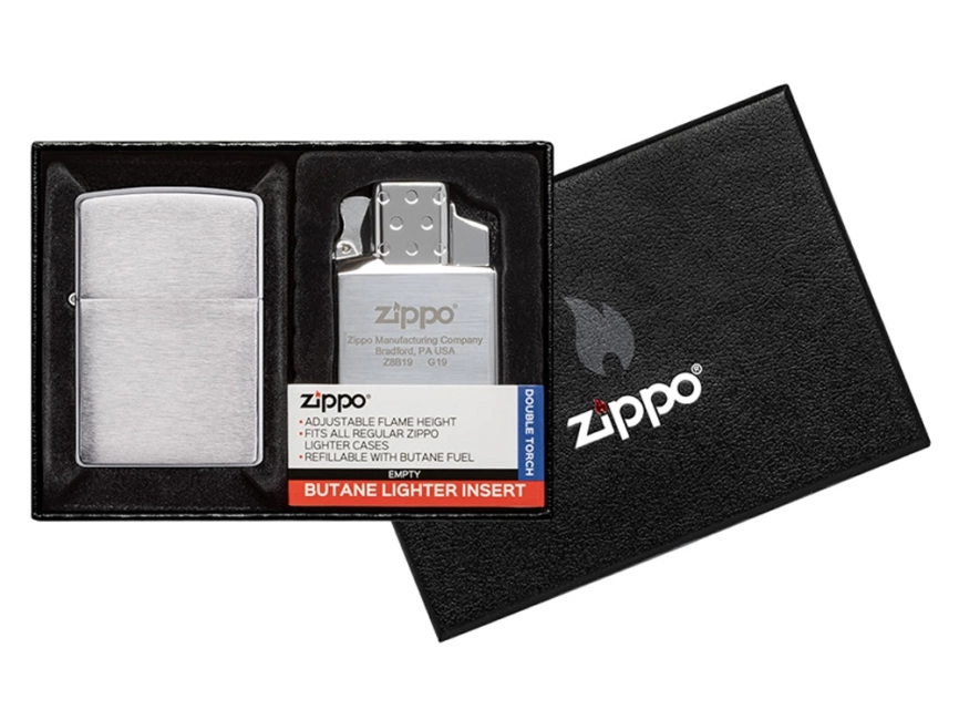 Набор ZIPPO: зажигалка 200 с покрытием Brushed Chrome и газовый вставной блок с двойным пламенем фото 1