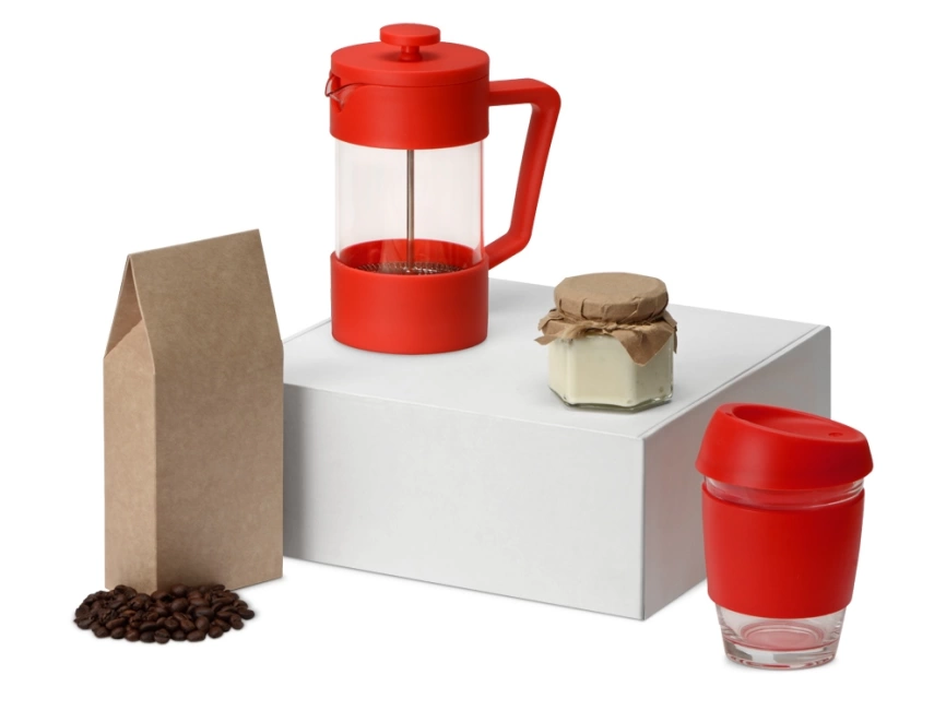 Подарочный набор с кофе, кружкой и френч-прессом Бодрое утро, красный фото 1