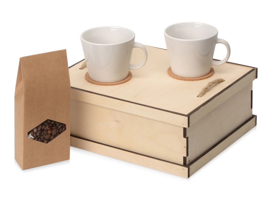 Подарочный набор с кофе, чашками в деревянной коробке Кофебрейк фото 1
