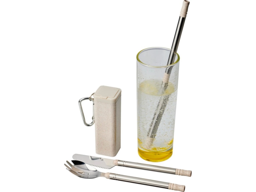 Набор столовых приборов Galen из пшеничной соломы с держателем для мобильного телефона, бежевый фото 4