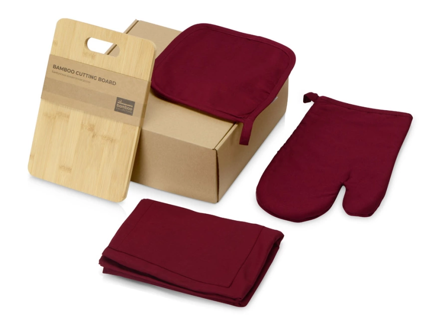 Подарочный набор с разделочной доской, фартуком, прихваткой, бордовый фото 1