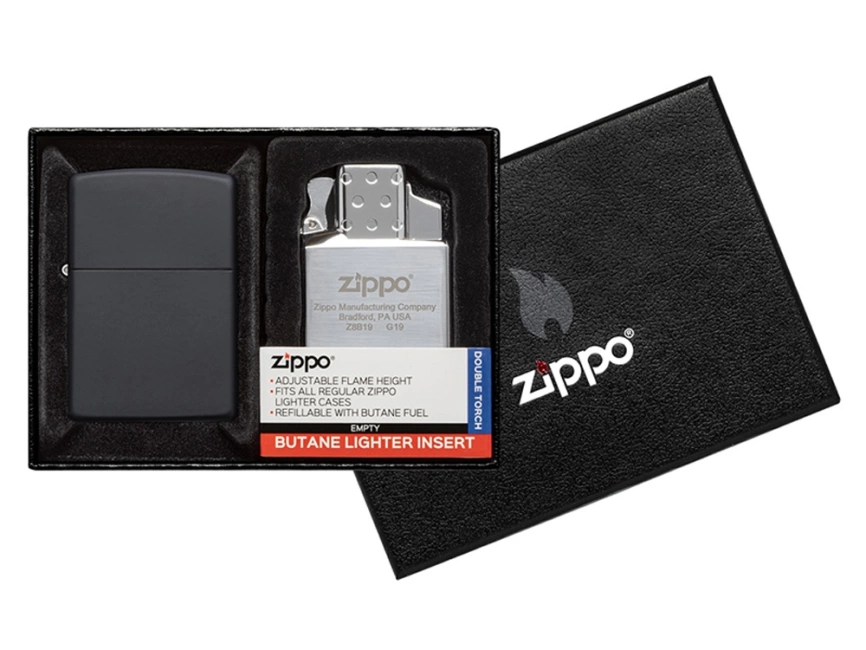 Набор ZIPPO: зажигалка 218 с покрытием Black Matte и газовый вставной блок с двойным пламенем фото 1