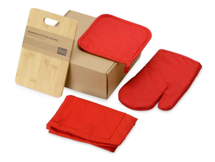Подарочный набор с разделочной доской, фартуком, прихваткой, красный фото 1
