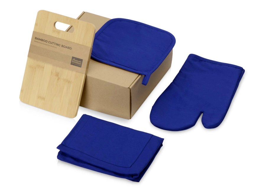 Подарочный набор с разделочной доской, фартуком, прихваткой, синий фото 1
