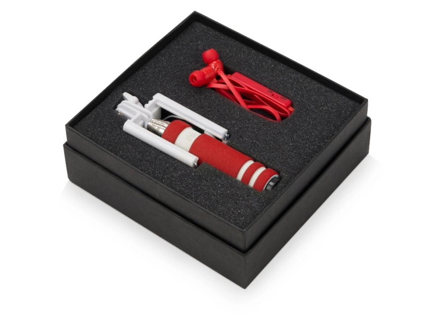 Подарочный набор Selfie с Bluetooth наушниками и моноподом, красный фото 2