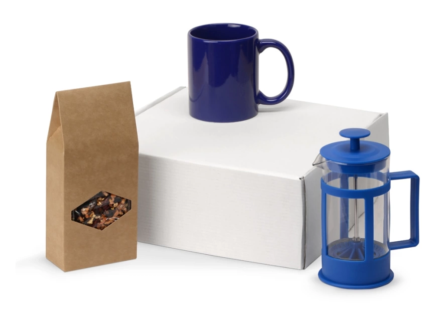 Подарочный набор с чаем, кружкой и френч-прессом Чаепитие, синий фото 1