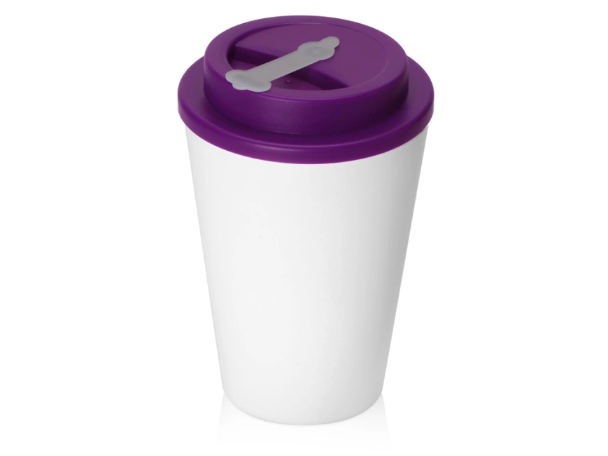 Пластиковый стакан Take away с двойными стенками и крышкой с силиконовым клапаном, 350 мл, белый/фиолетовый фото 1